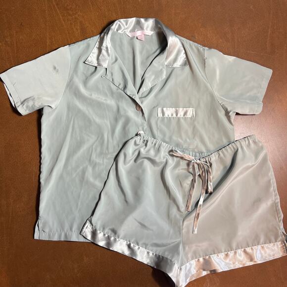 Vintage Y2K Victoria's Secret Small Mint Green Satin Sleep Shirt Shorts Set 2000 - Picture 2 of 12